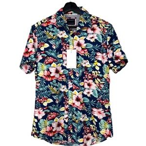 Denim & Flower Men’s Hibiscus Floral Print Cotton Shirt sz S Multicolor Summer